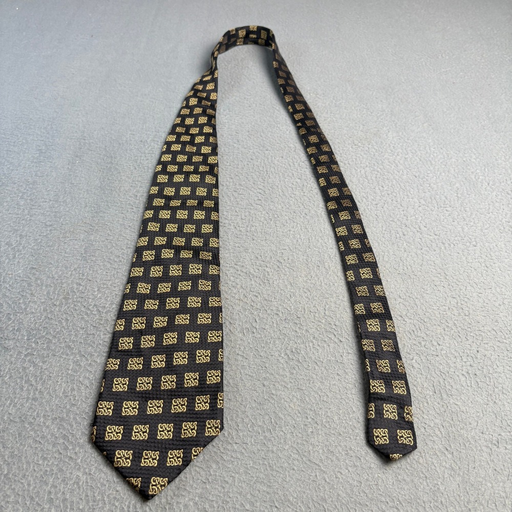 Metropolitan View Mens Silk Necktie Black Gold Geometric Scroll Made in Italy